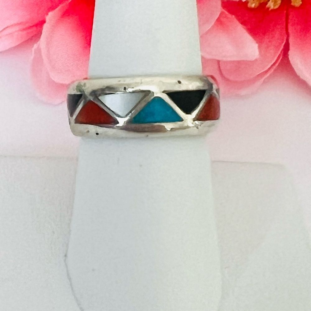 Vintage Silver Geometric Inlay thumb Ring size 8.5